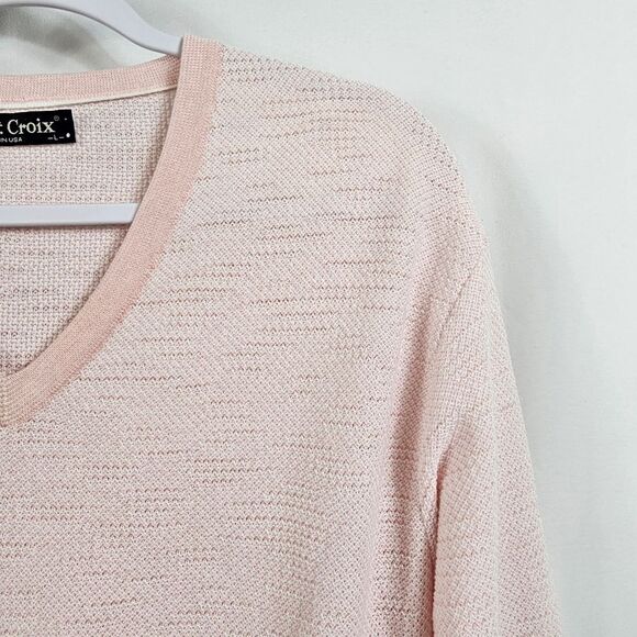 St. Croix Two Tone Texture V-Neck Sweater in Pink - Size L - Picture 4 of 10